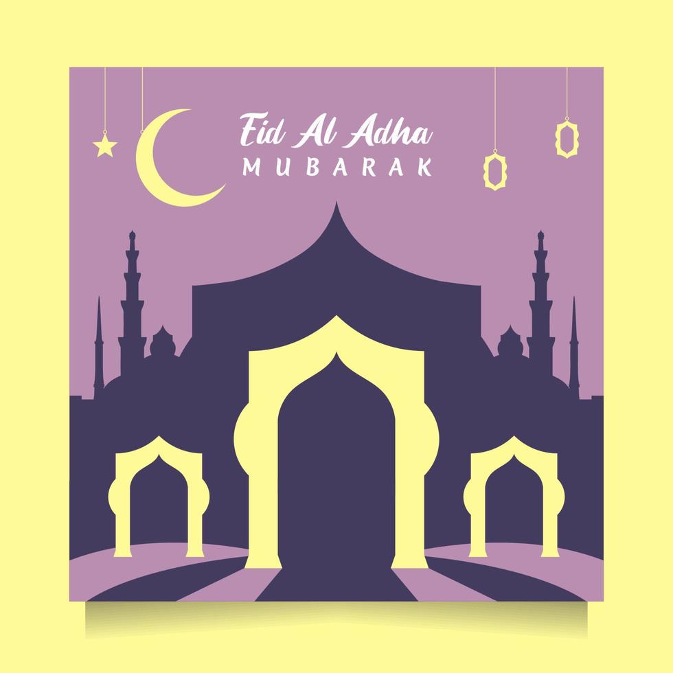 Flat design Eid al adha social media post greeting with modern purple color. Square Vector illustration islamic background with beautiful and unique mosque design