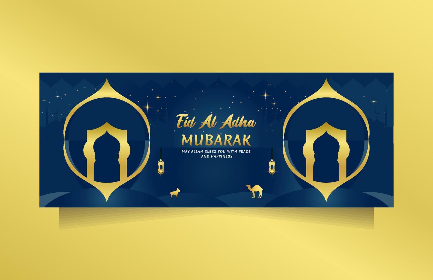 Luxury Eid al adha greeting for social media post and banner with blue gold color. Vector illustration islamic background with beautiful and unique mosque design