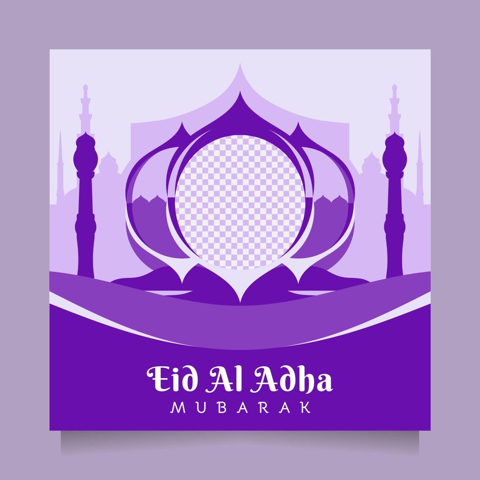Creative Eid al adha social media post and banner greeting with modern clean blue color. Vector illustration islamic background with beautiful mosque design. Editable square template