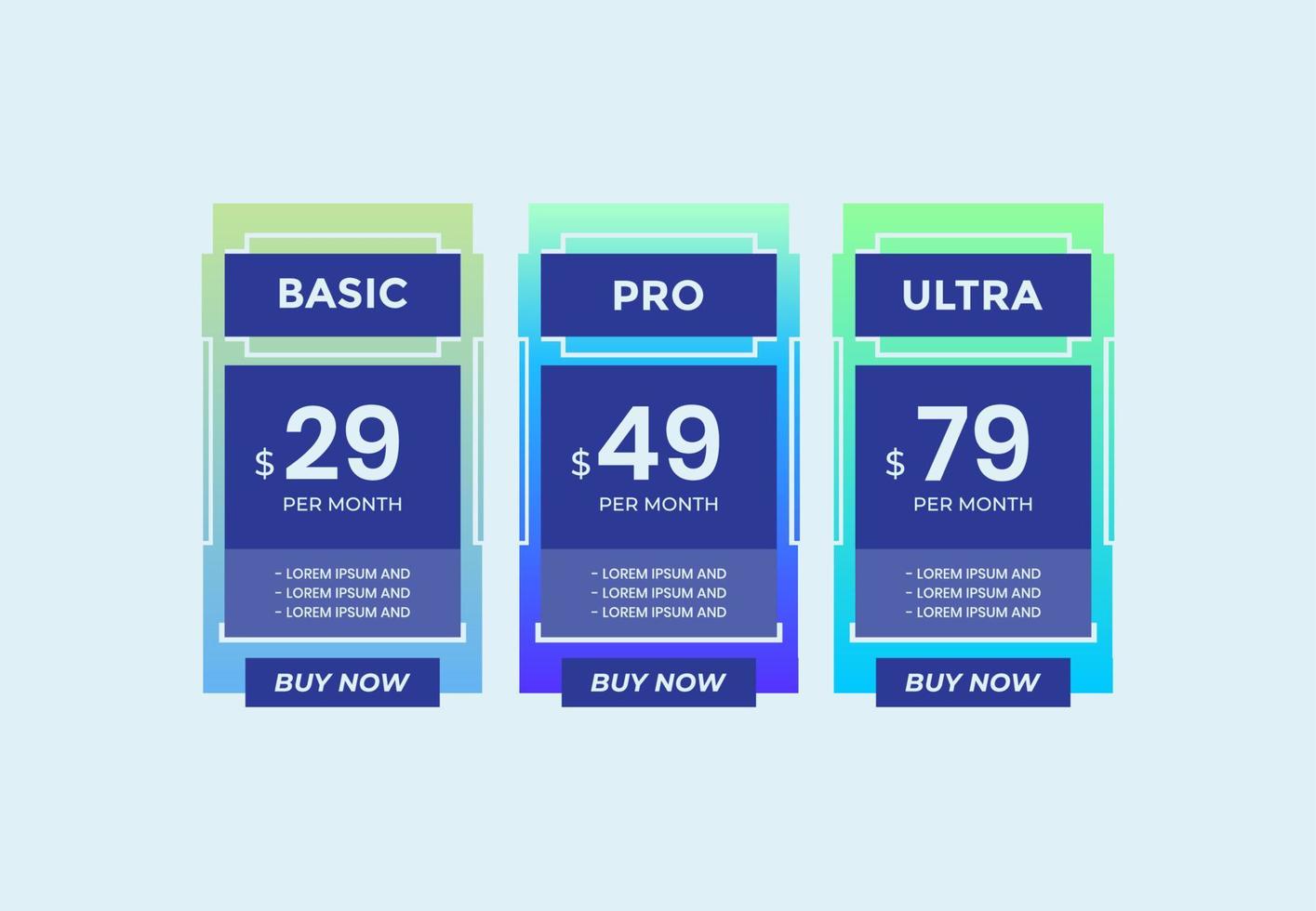 Blue Pricing Table Template with Three Plan Type. Basic Pro and Ultra Graphic Design on Gray Background vector