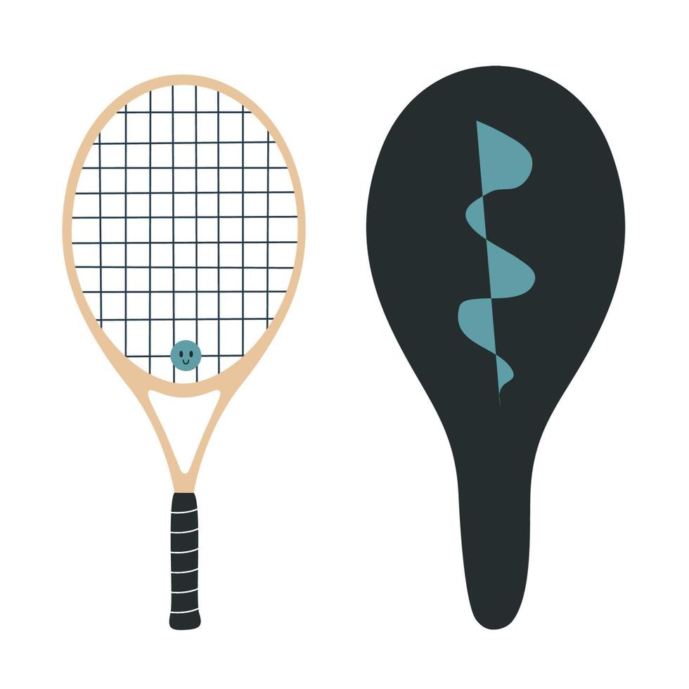 Flat vector illustration in childish style. Hand drawn tennis racket with a case