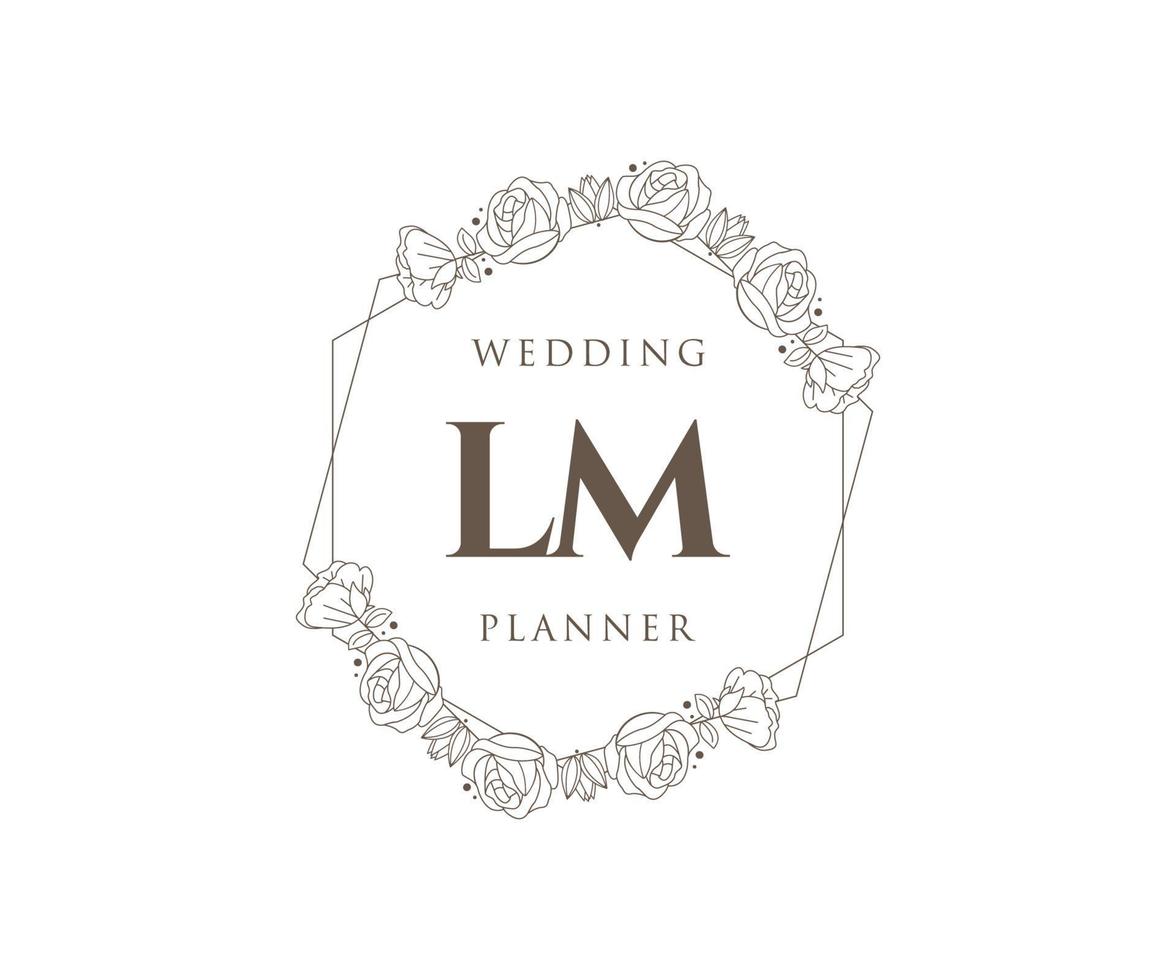 Colección de logotipos de monograma de boda con letras iniciales de lm, plantillas florales y minimalistas modernas dibujadas a mano para tarjetas de invitación, guardar la fecha, identidad elegante para restaurante, boutique, café en vector