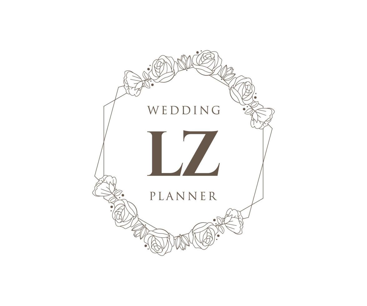 Colección de logotipos de monograma de boda con letras iniciales de lz, plantillas florales y minimalistas modernas dibujadas a mano para tarjetas de invitación, guardar la fecha, identidad elegante para restaurante, boutique, café en vector