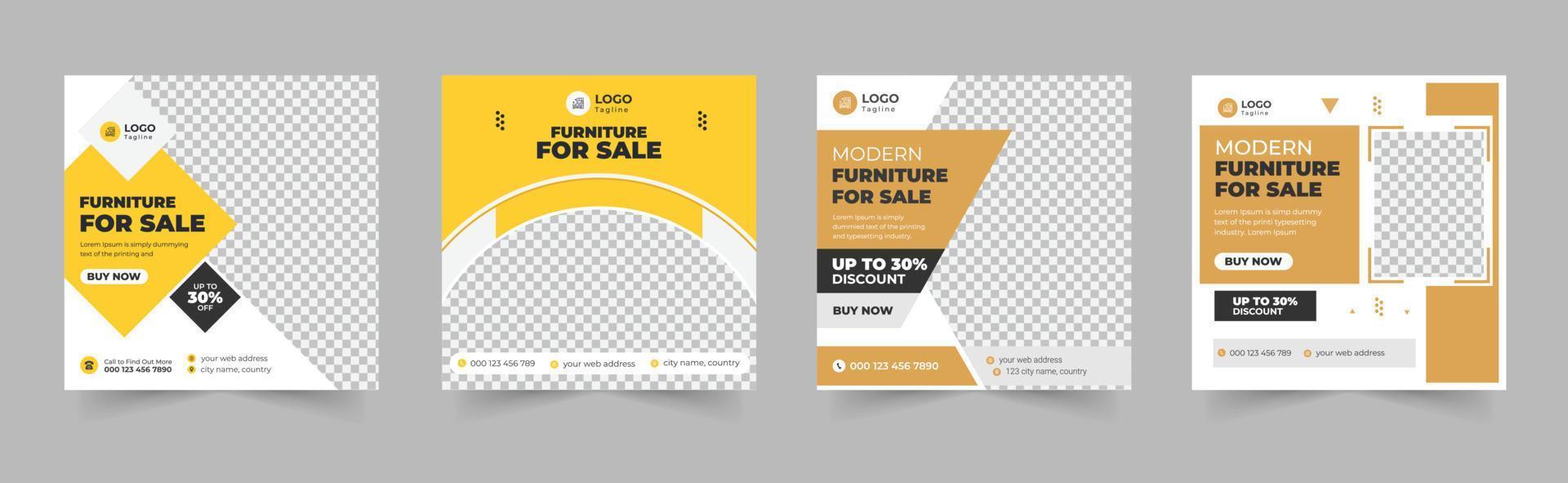 banner for social media post template, minimal square post template, web internet ads, yellow furniture banner template, Instagram social media post design bundle, Promotional web banner template vector