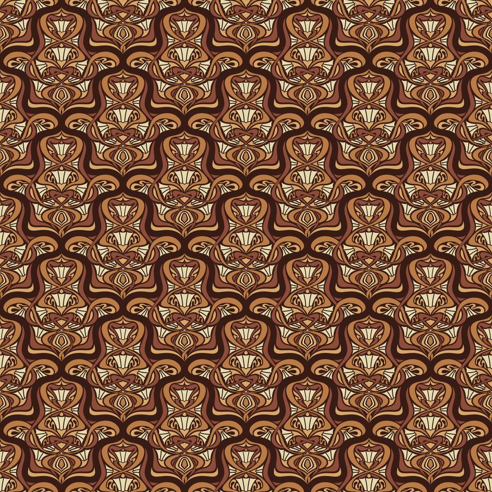 BROWN SEAMLESS VECTOR ART NOUVEAU BACKGROUND WITH ORANGE FLOWER ARRANGEMENT