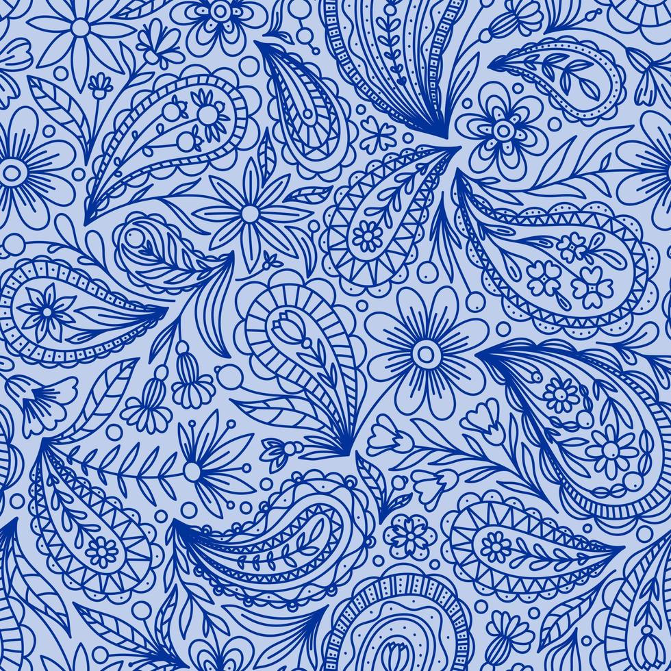 LIGHT BLUE VECTOR SEAMLESS BACKGROUND WITH BLUE PAISLEY CONTOUR PATTERN