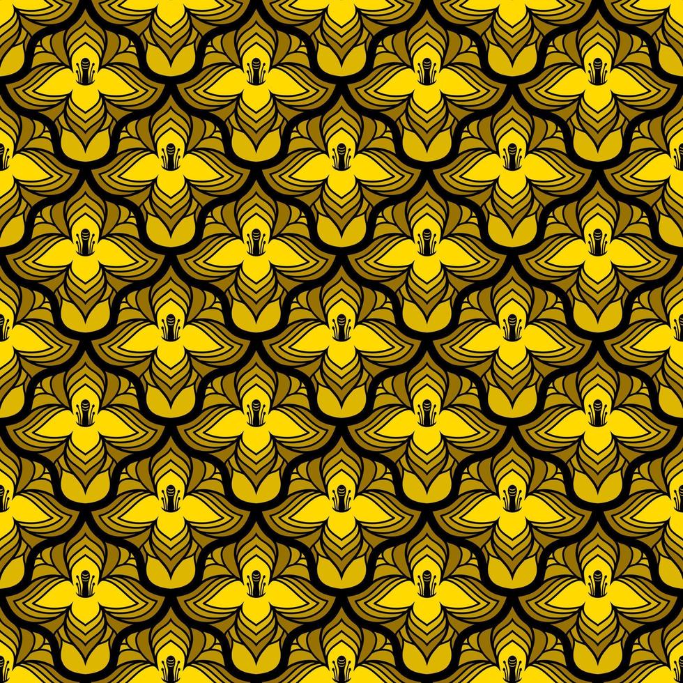 BLACK SEAMLESS VECTOR ART NOUVEAU BACKGROUND WITH YELLOW FLOWERS