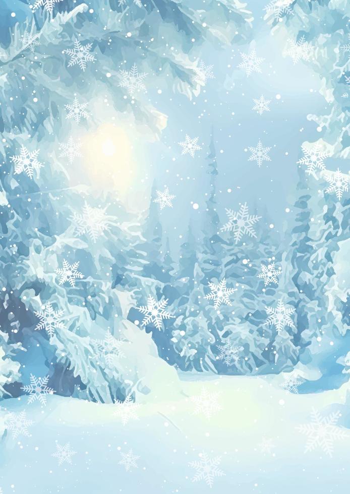 hand painted Christmas card with wintry snowy landscape vector