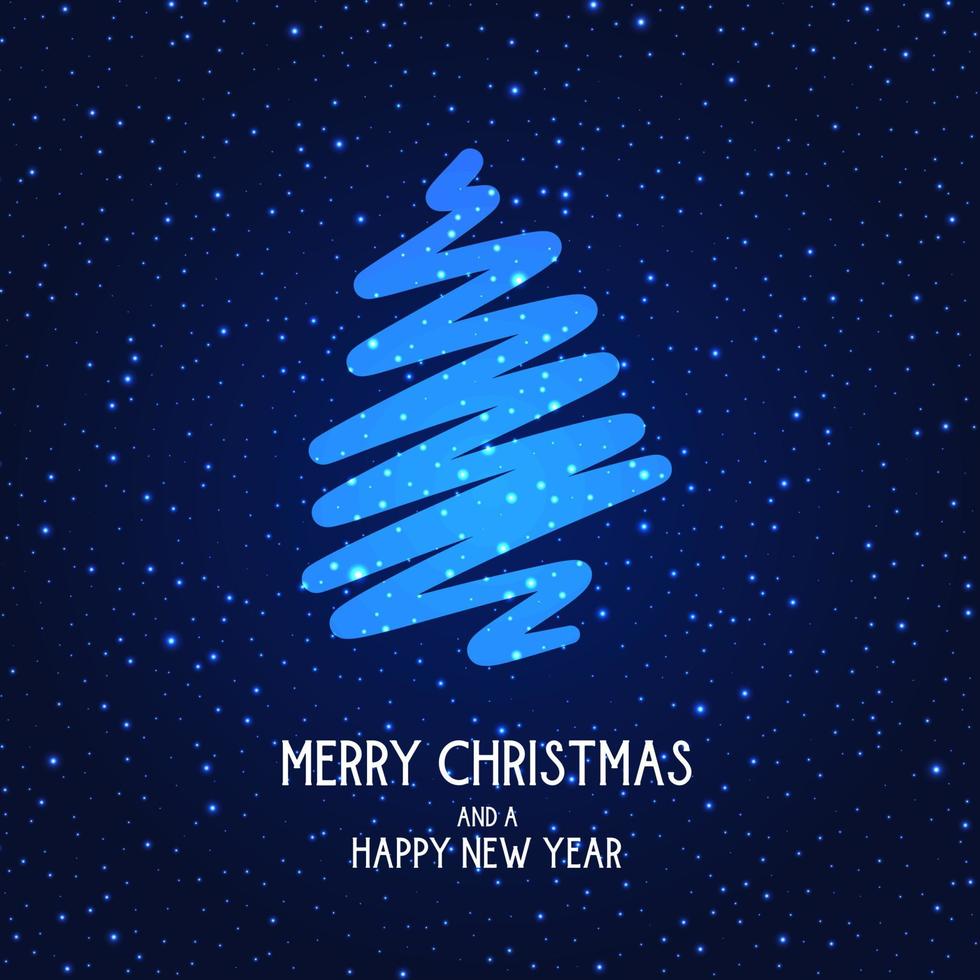 Christmas card design with scribble tree and glowing stars vector
