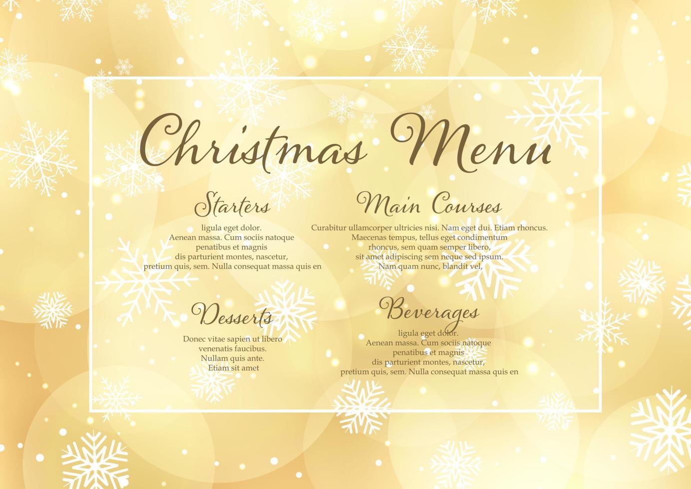 Christmas menu design with bokeh lights and snowflakes design vector