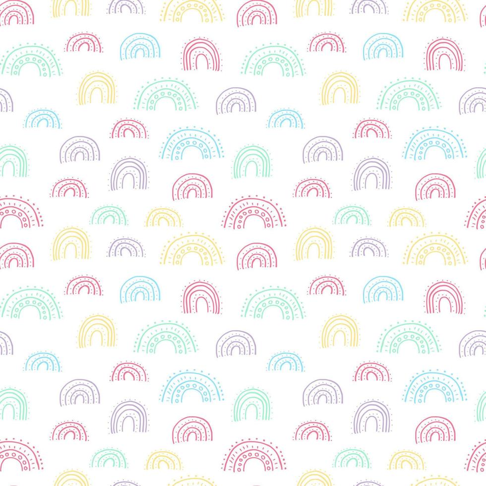 Cute doodle seamless pattern with rainbows. Hand drawn vector rainbow pattern on white backgrownd.