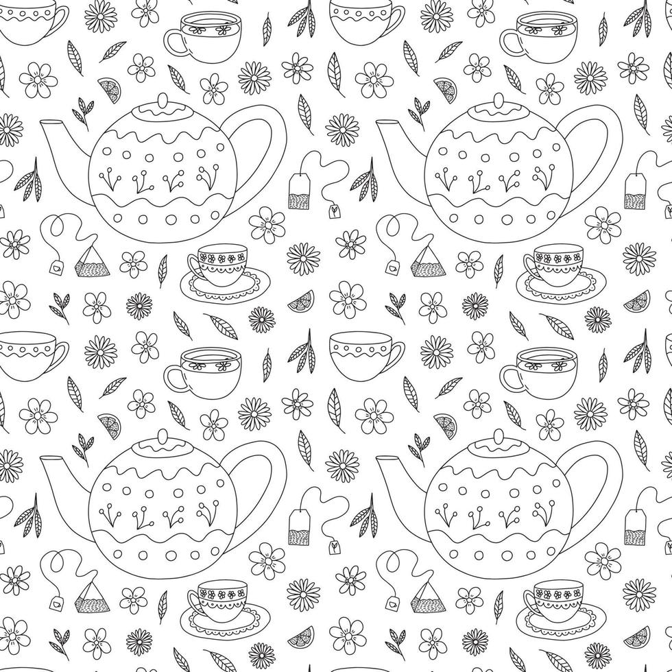 Vector tea cups and teapot seamless pattern. Hand drawn doodle tea ceremony pattern