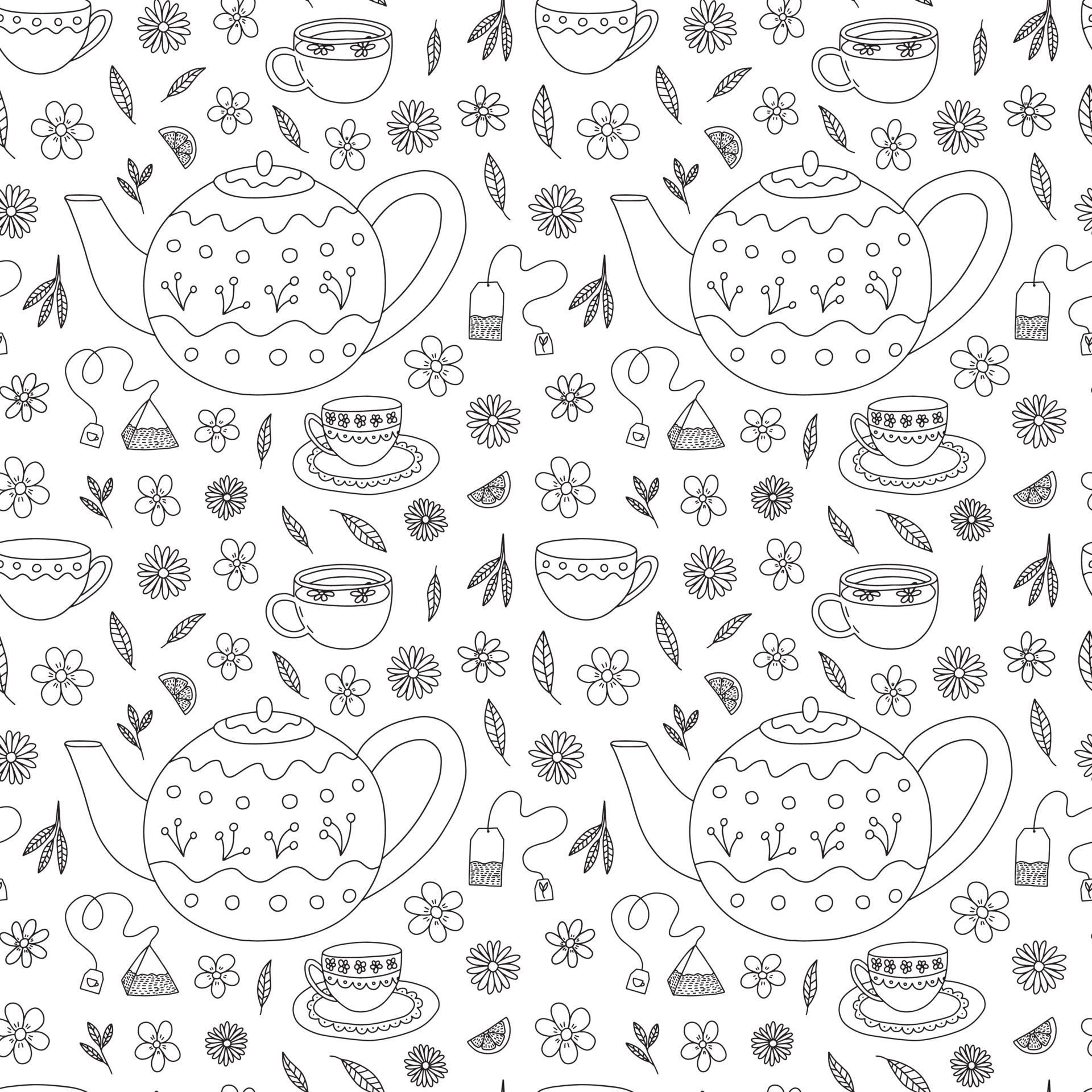 Vector tea cups and teapot seamless pattern. Hand drawn doodle tea