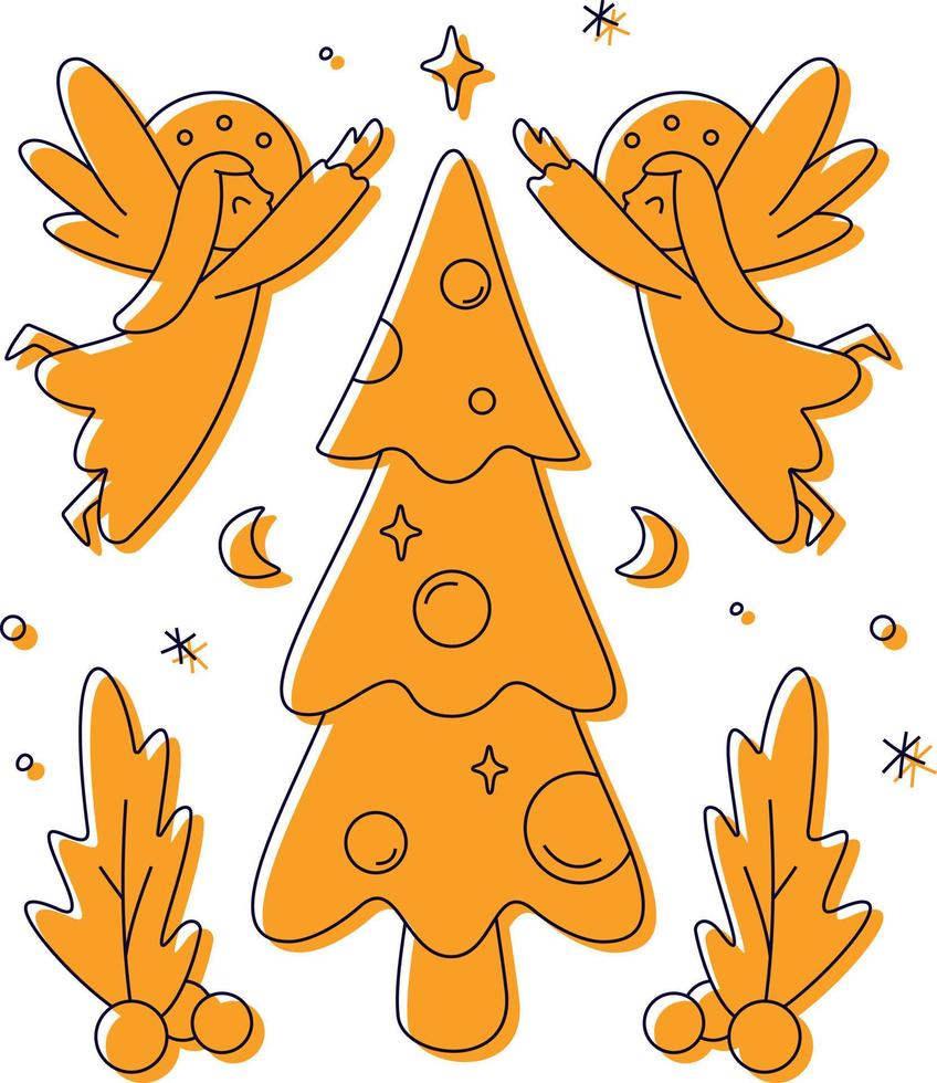 Magic linear Christmas angels holding a star vector