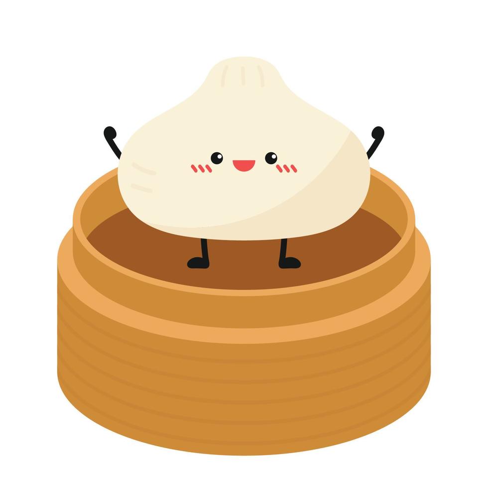 Cute Dim sum character, traditional Chinese dumplings, with funny smiling faces. Kawaii Asian food vector. wood basket. vector