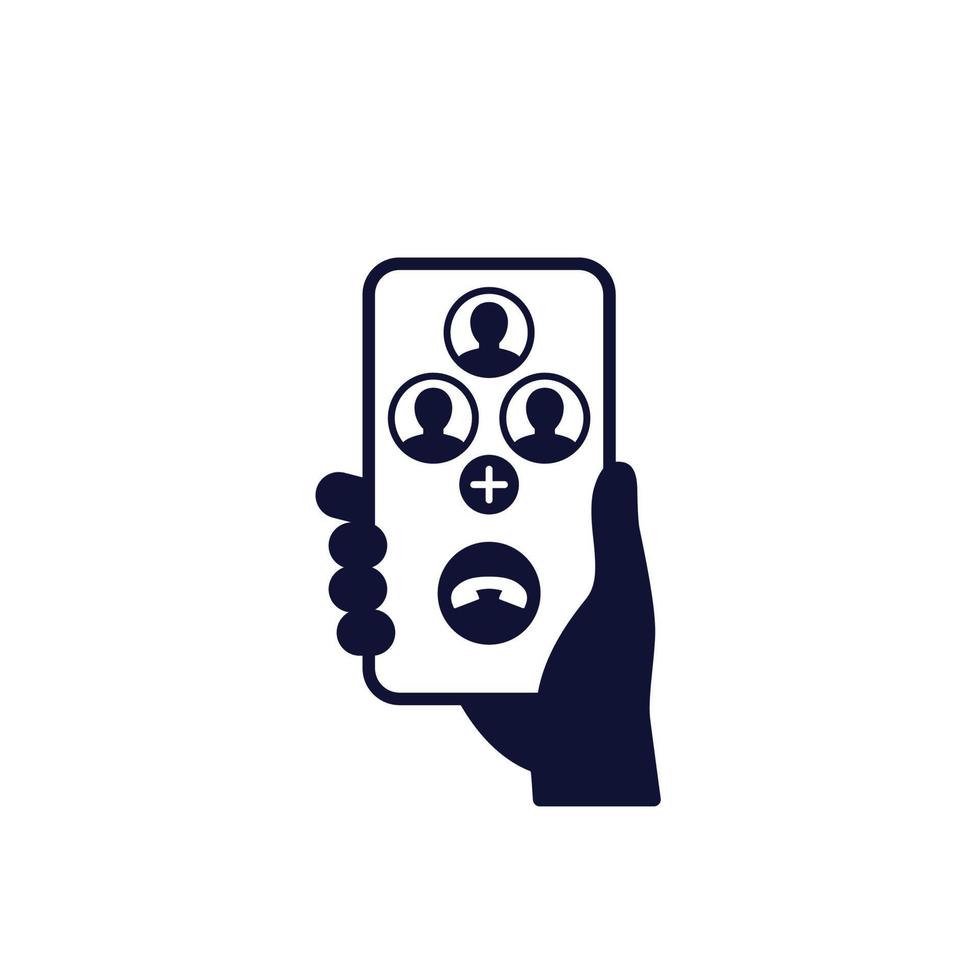 icono de llamada de conferencia con teléfono en mano vector