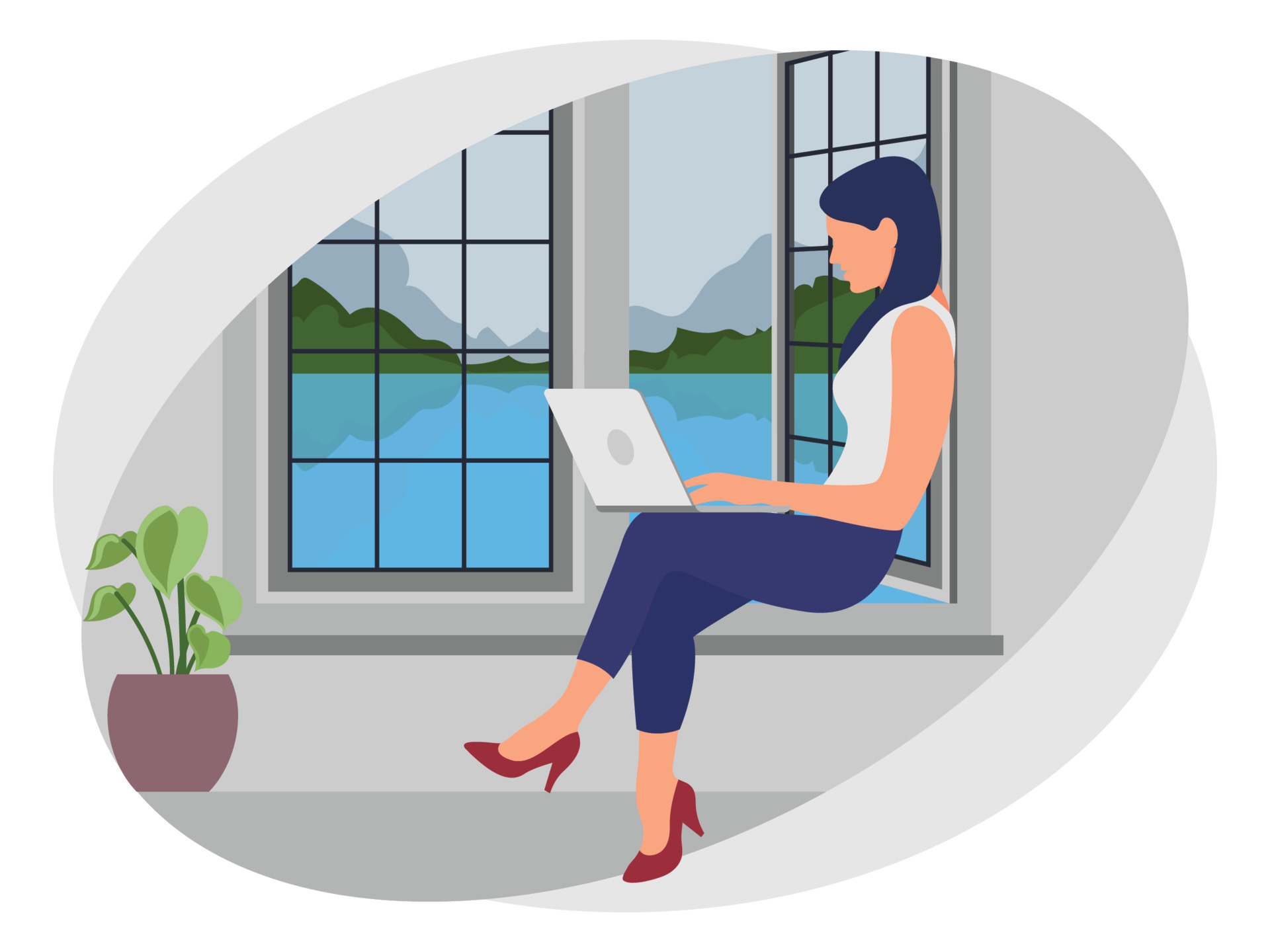 Female Employee Working From Home While Seating On Window 15492552 female-employee-working-from-home-while-seating-on-window-15492552