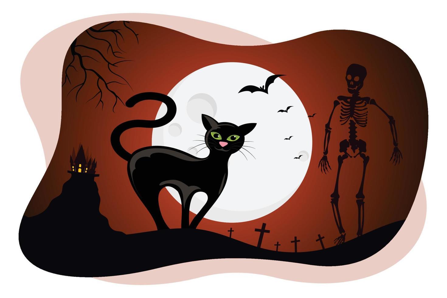 Halloween back cat and man skeleton vector illustration