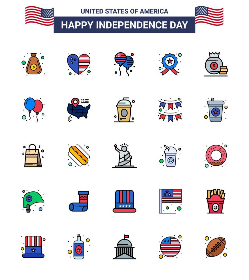 4th July USA Happy Independence Day Icon Symbols Group of 25 Modern Flat Filled Lines of bag police bloon star badge Editable USA Day Vector Design Elements