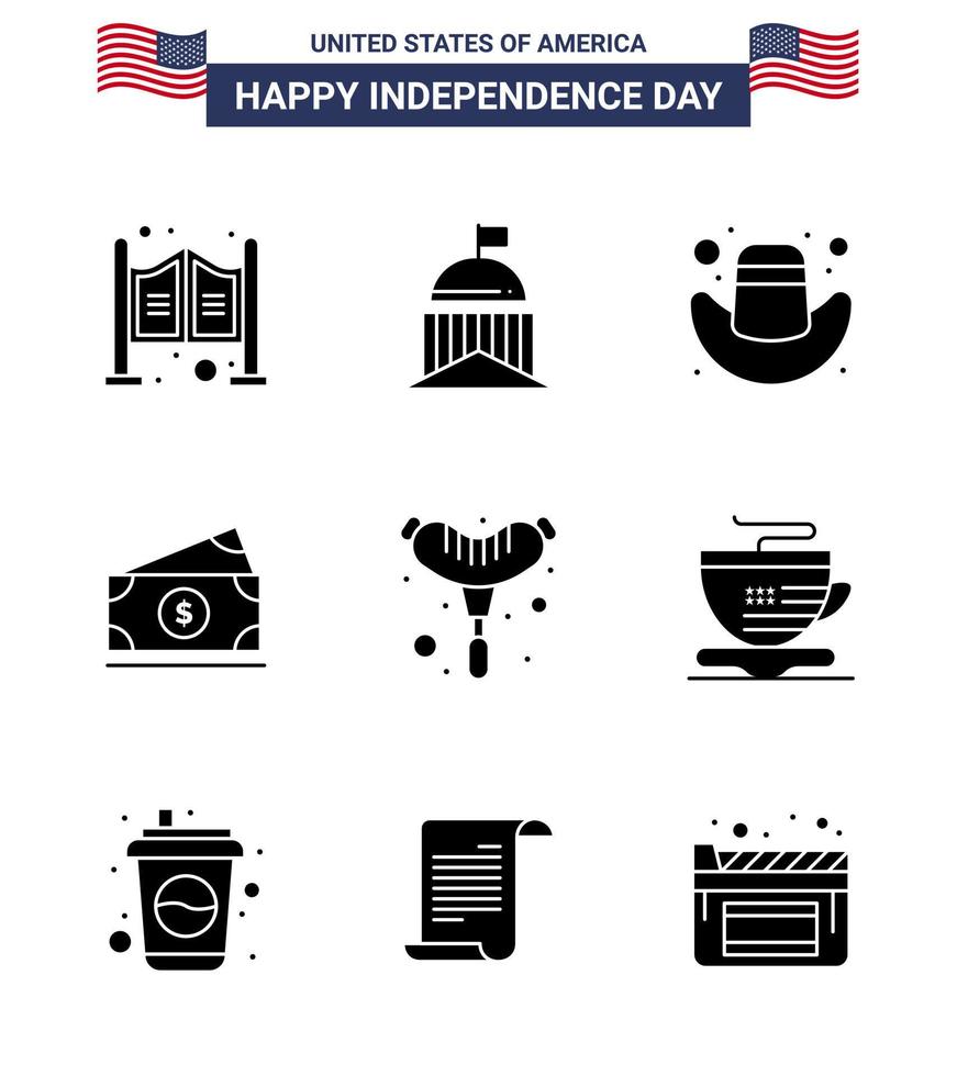 9 signos de glifo sólido de estados unidos celebración del día de la independencia símbolos de frankfurter estados unidos dólar estadounidense editable elementos de diseño vectorial del día de estados unidos vector