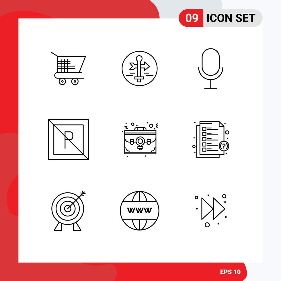 User Interface Pack of 9 Basic Outlines of employee bag mic not park Editable Vector Design Elements