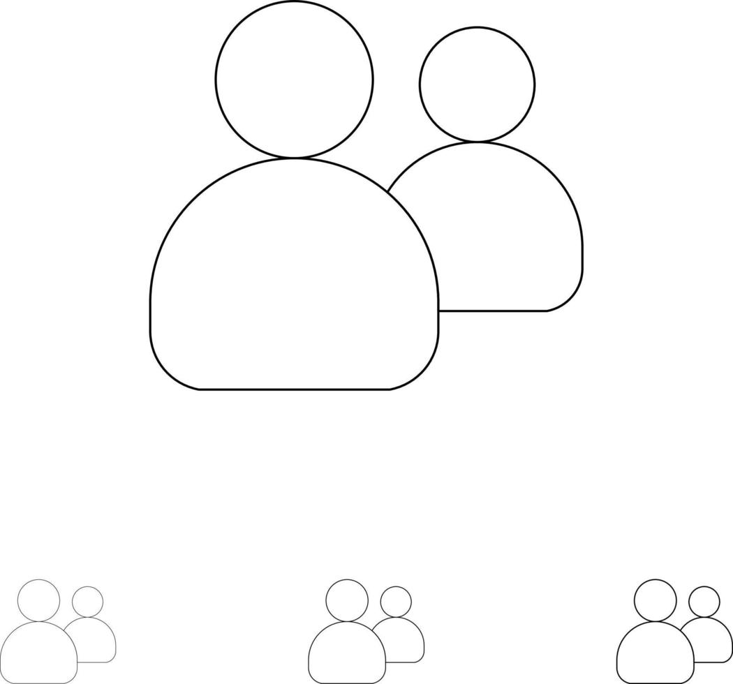 conjunto de iconos de línea negra delgada y audaz del equipo de usuarios del grupo de amigos vector