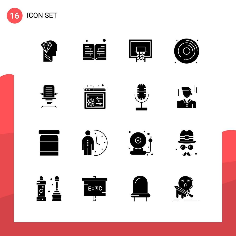 paquete de 16 iconos de glifos universales para medios impresos sobre fondo blanco vector