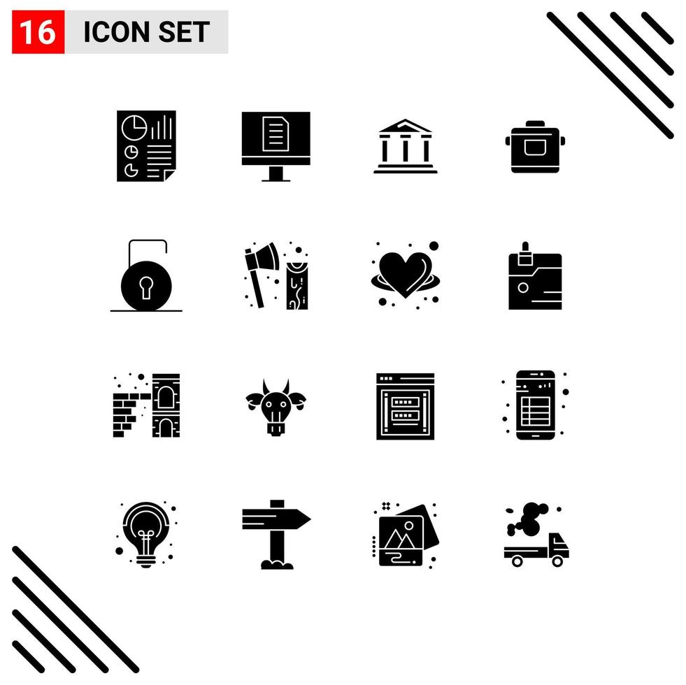16 User Interface Solid Glyph Pack of modern Signs and Symbols of key rice bank kitchen law Editable Vector Design Elements