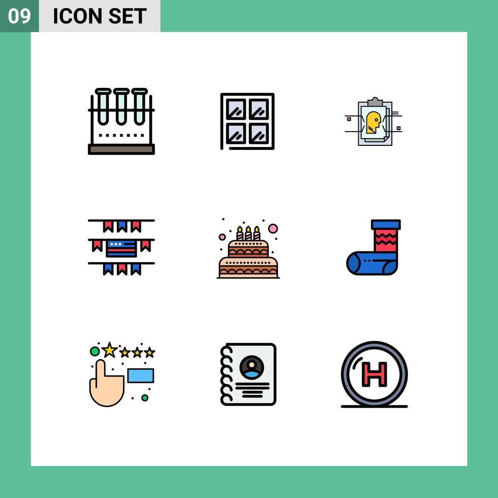 9 Thematic Vector Filledline Flat Colors and Editable Symbols of wedding cake report american buntings Editable Vector Design Elements