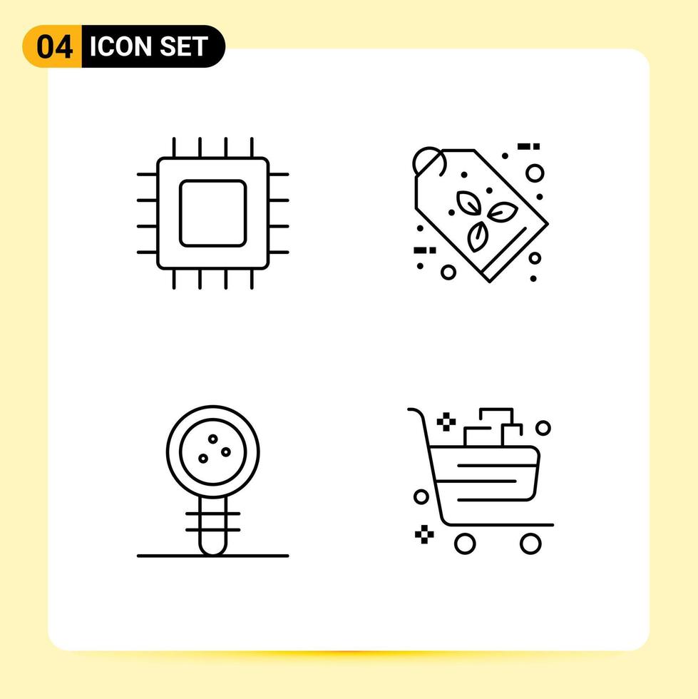 conjunto de 4 colores planos de línea de relleno de vector en cuadrícula para elementos de diseño de vector editables de conocimiento de etiqueta ecológica de gadget de biología de chip