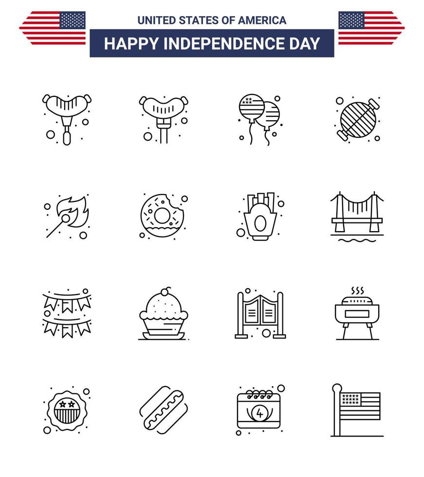 Line Pack of 16 USA Independence Day Symbols of round outdoor barbecue match camping Editable USA Day Vector Design Elements