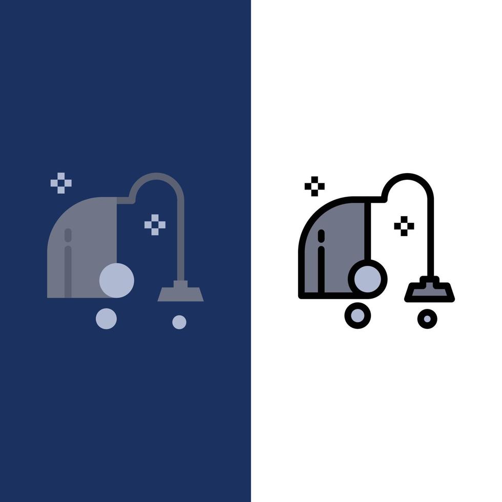 limpieza de equipos eléctricos iconos de vacío plano y conjunto de iconos llenos de línea vector fondo azul