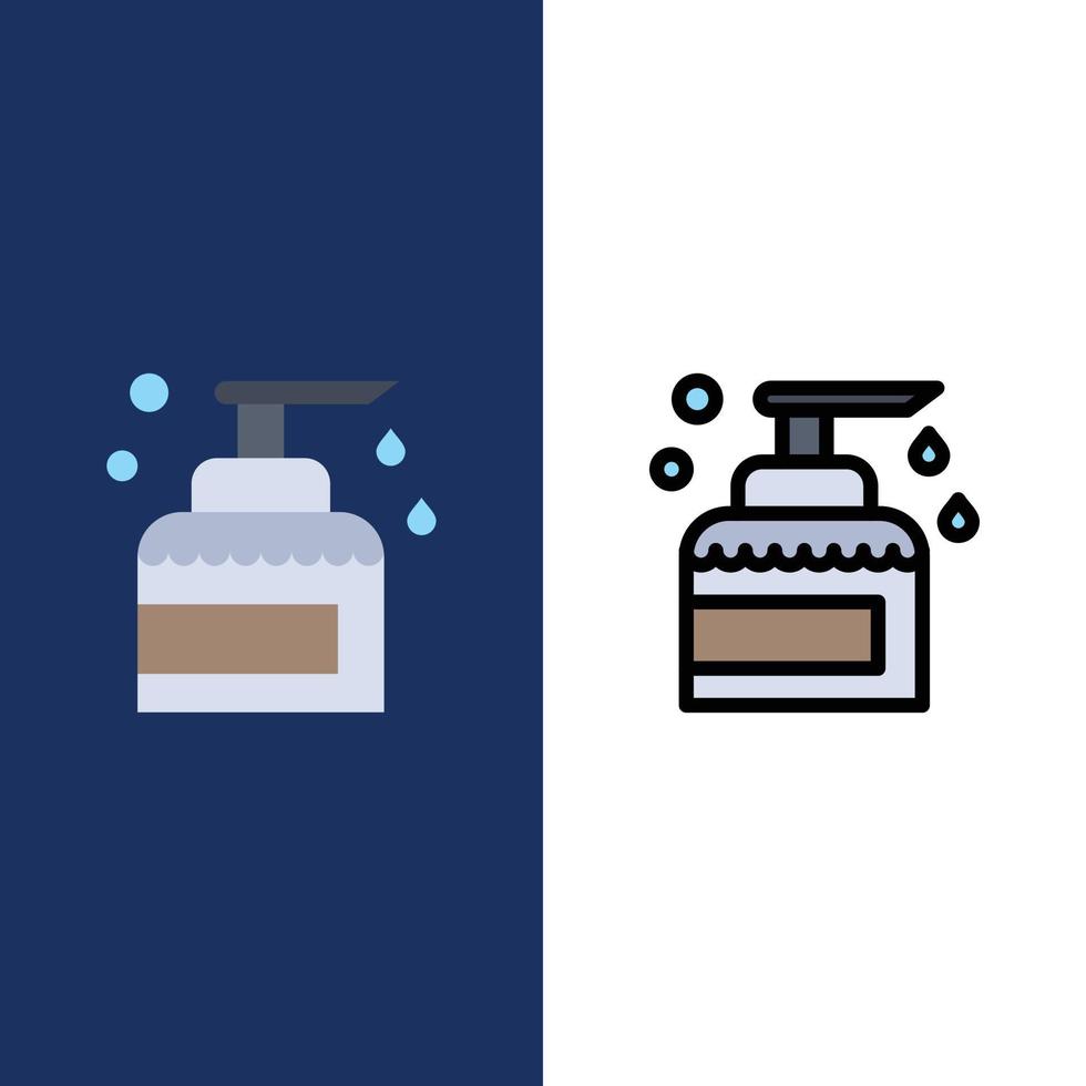 limpieza mantenimiento de la casa iconos de aerosol de productos planos y llenos de línea conjunto de iconos vector fondo azul