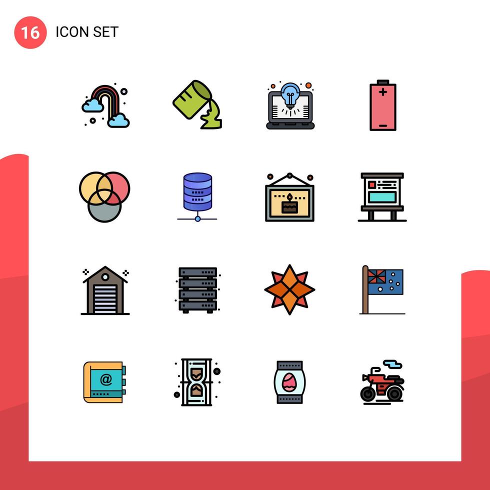 16 Universal Flat Color Filled Lines Set for Web and Mobile Applications server rgb idea energy electric Editable Creative Vector Design Elements