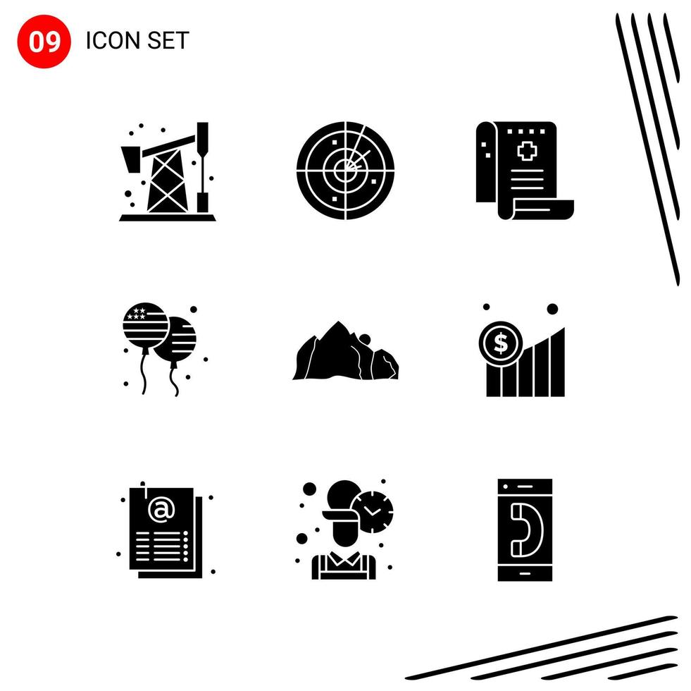 colección de 9 iconos vectoriales en estilo sólido símbolos de glifo perfecto de píxel para web y móvil signos de icono sólido sobre fondo blanco 9 iconos fondo de vector de icono negro creativo