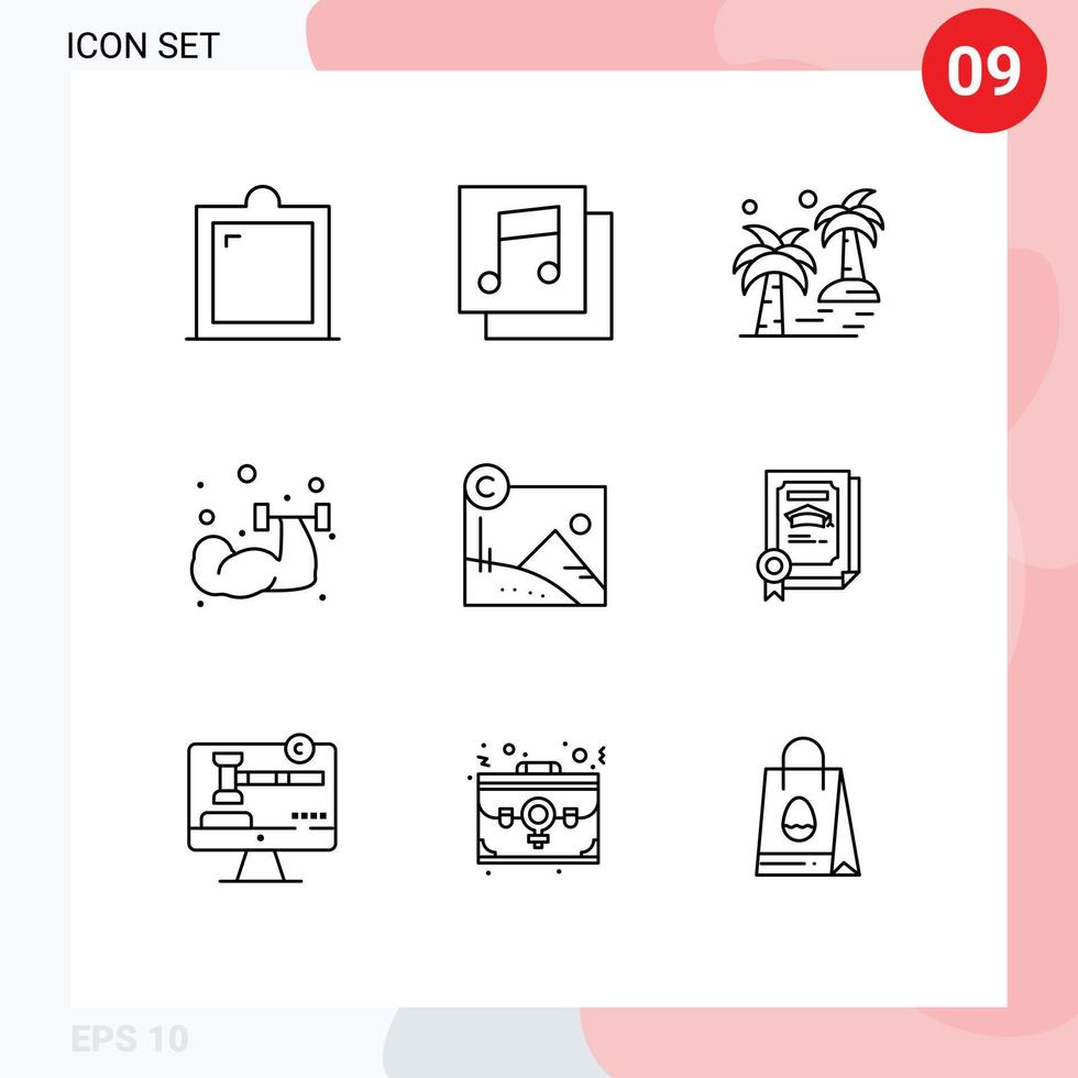 User Interface Pack of 9 Basic Outlines of business weightlifting palm sport dumbbell Editable Vector Design Elements