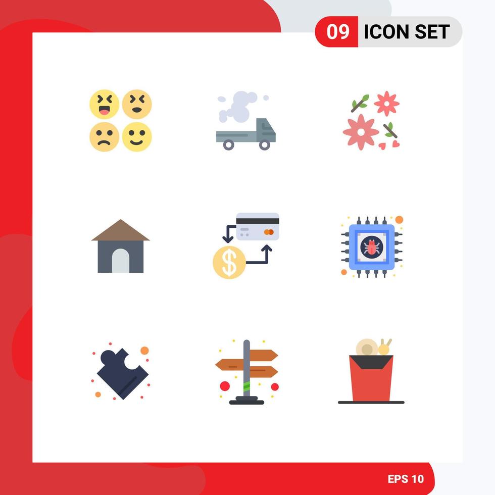 9 Universal Flat Color Signs Symbols of cashless accounting bouquet shope hose Editable Vector Design Elements