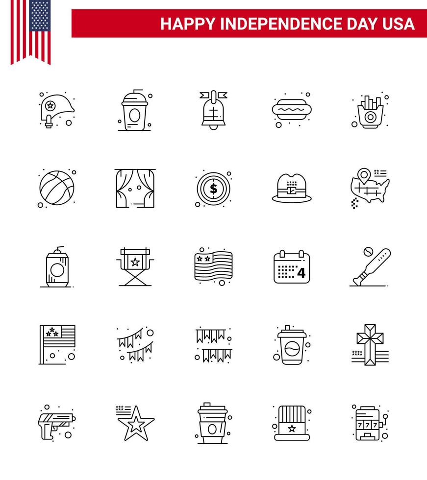 Big Pack of 25 USA Happy Independence Day USA Vector Lines and Editable Symbols of fast food independece dog usa Editable USA Day Vector Design Elements