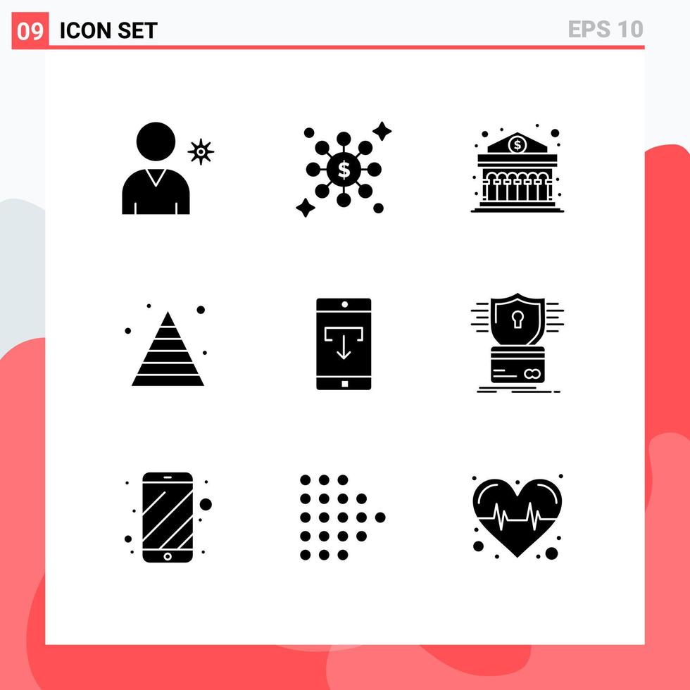 9 Universal Solid Glyphs Set for Web and Mobile Applications mobile data finance application marketing Editable Vector Design Elements