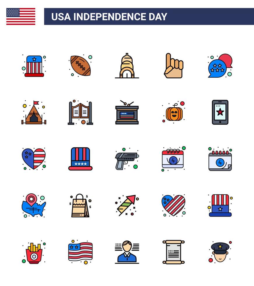 25 USA Flat Filled Line Signs Independence Day Celebration Symbols of star flag chrysler american hand Editable USA Day Vector Design Elements