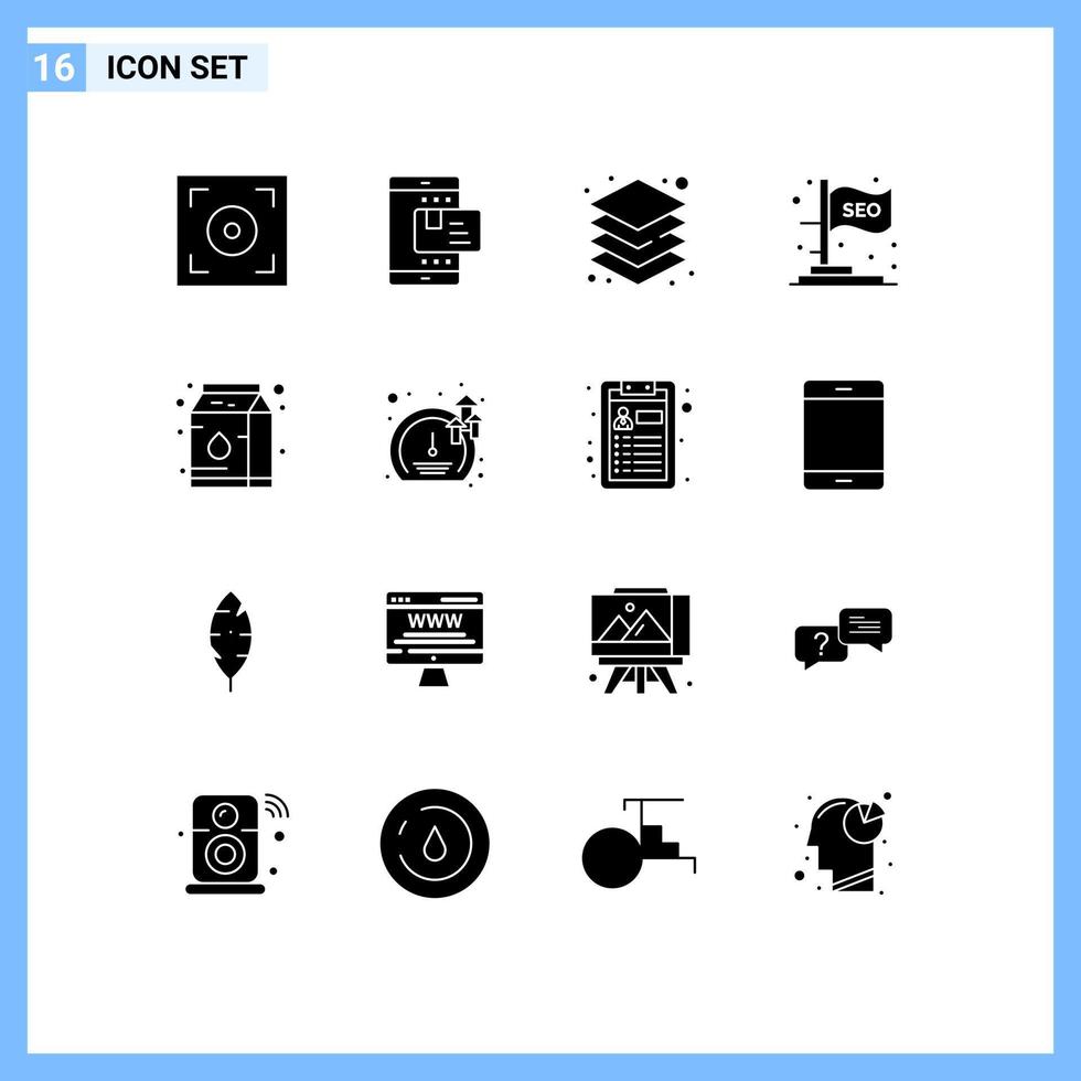 Set of 16 Vector Solid Glyphs on Grid for condensed seo layer marketing flag Editable Vector Design Elements