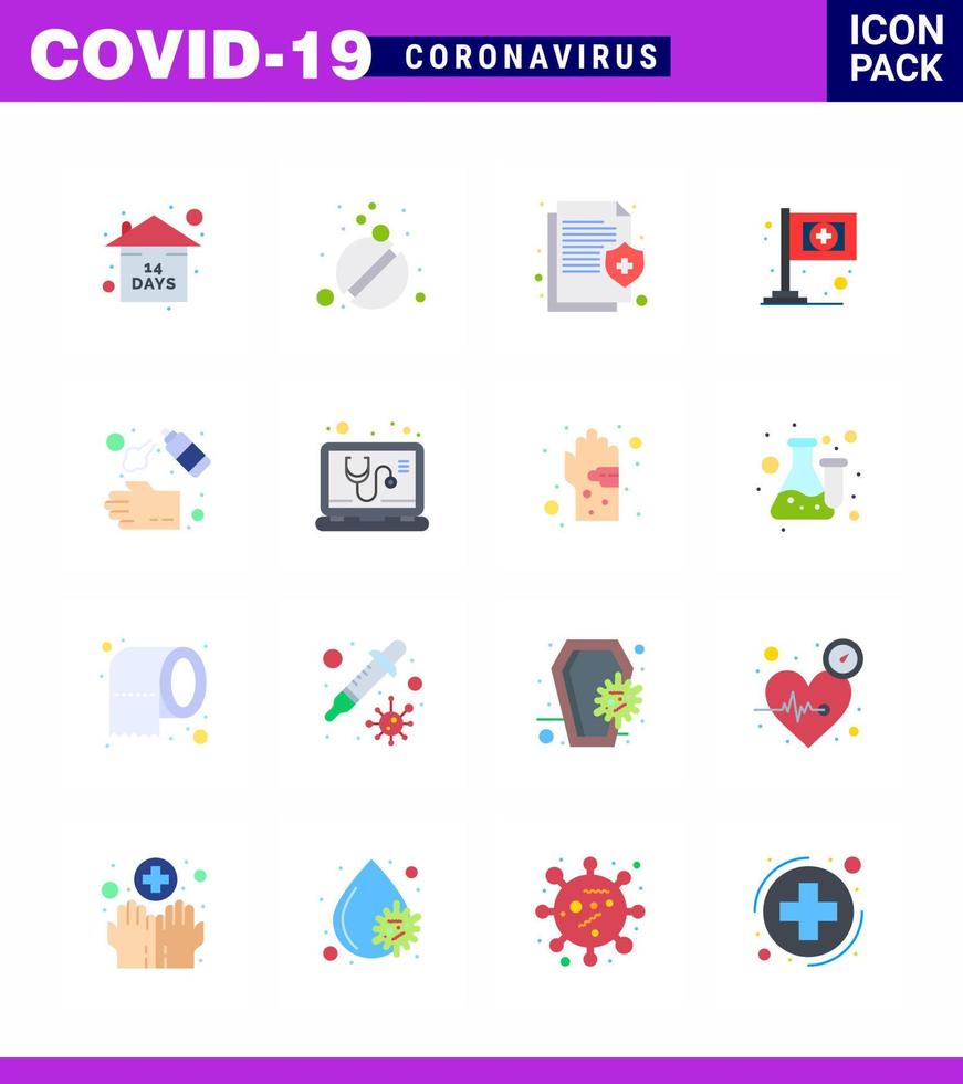 16 Flat Color viral Virus corona icon pack such as cleaning medical health flag protect viral coronavirus 2019nov disease Vector Design Elements