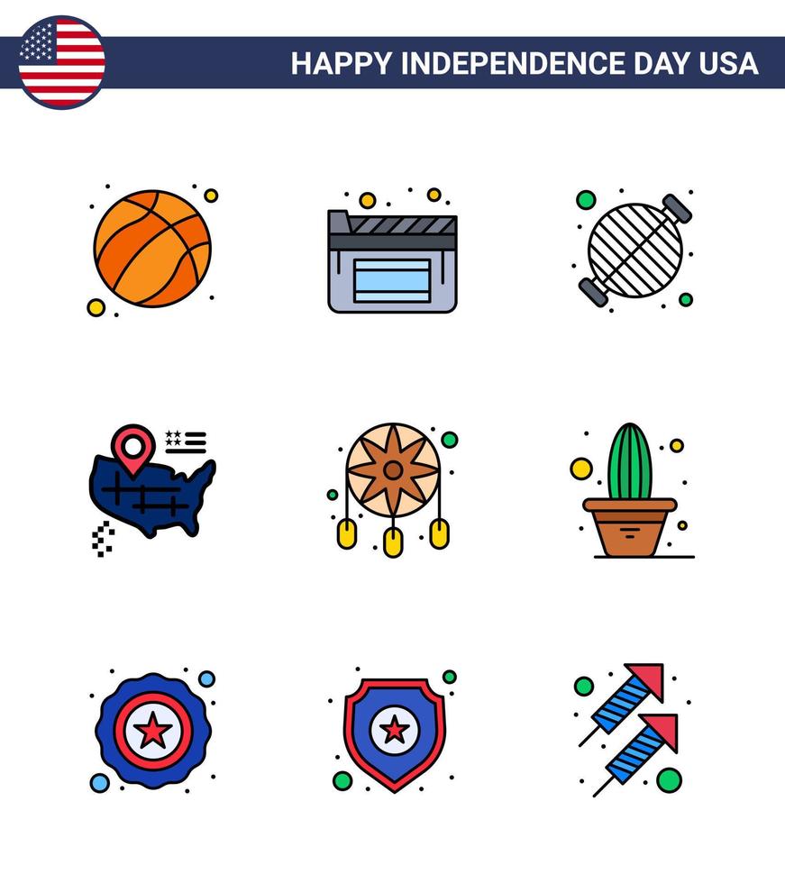 Editable Vector Line Pack of USA Day 9 Simple Flat Filled Lines of dream catcher adornment barbecue american location Editable USA Day Vector Design Elements