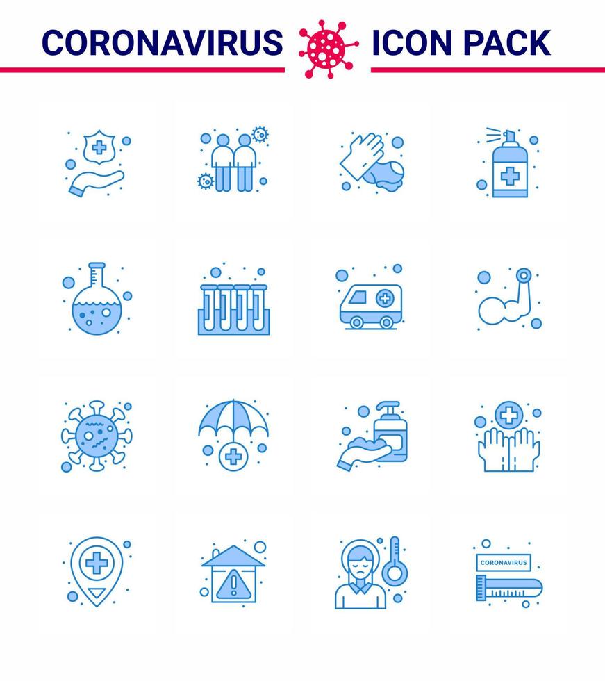 el icono azul coronavirus 16 establecido sobre el tema de la epidemia de corona contiene iconos como matraz jabón manos cuidado de manos botella coronavirus viral 2019nov enfermedad vector elementos de diseño