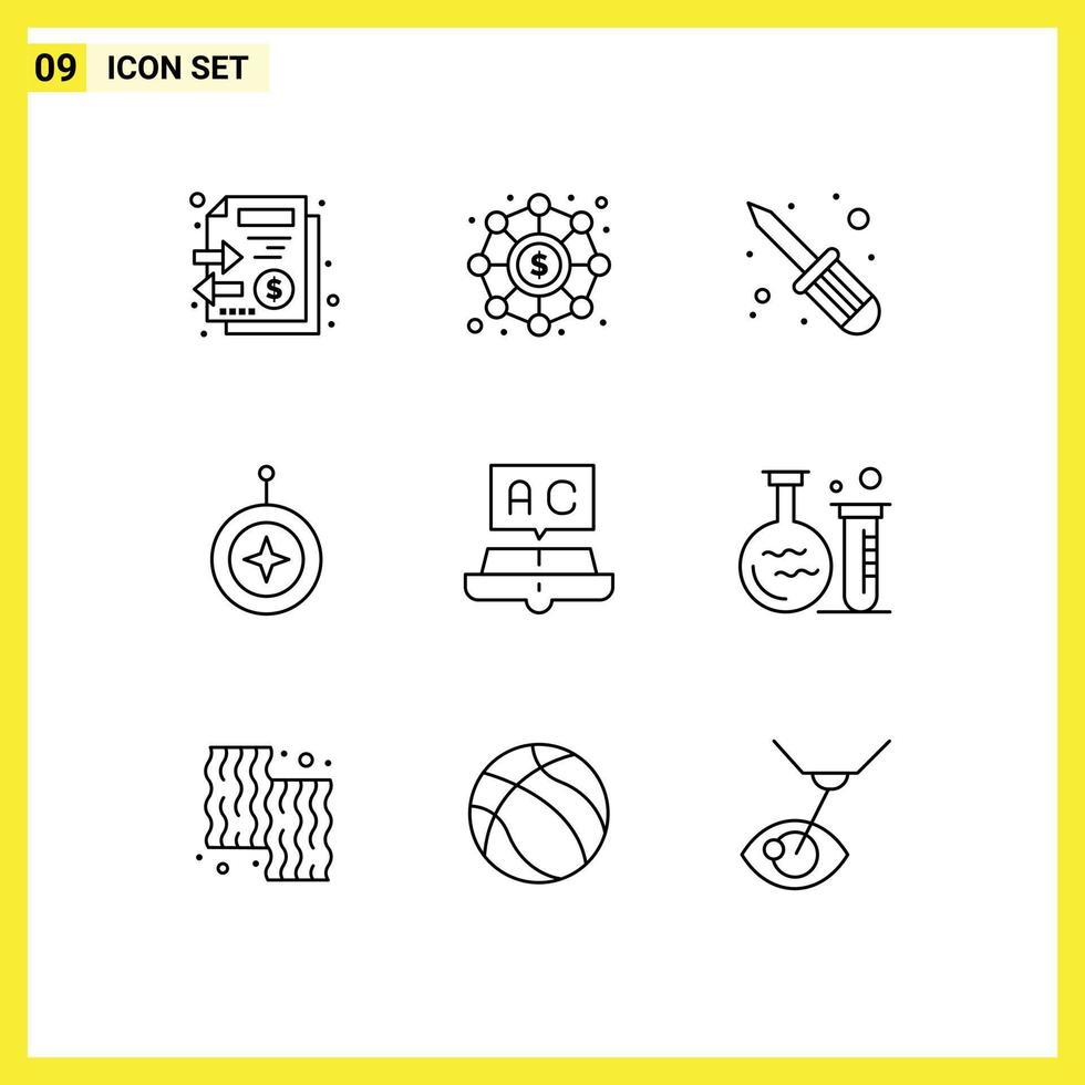 Pack of 9 Modern Outlines Signs and Symbols for Web Print Media such as education honor repair shield star Editable Vector Design Elements