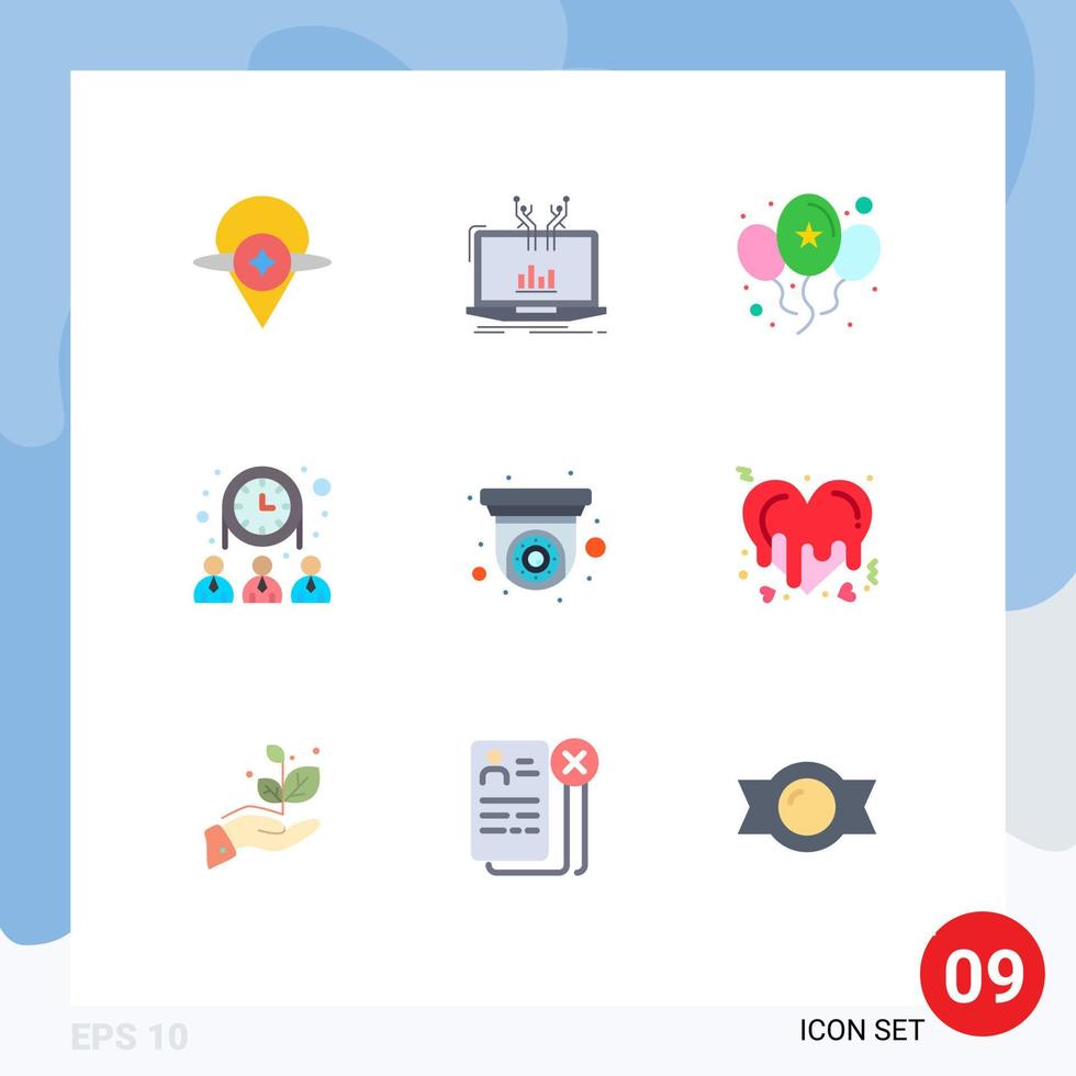 User Interface Pack of 9 Basic Flat Colors of camera team platform people day Editable Vector Design Elements