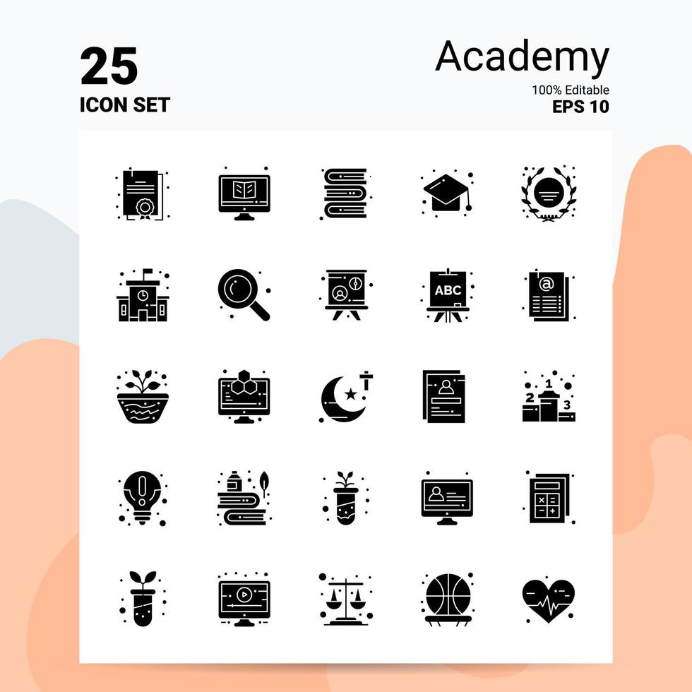 25 Academy Icon Set 100 Editable EPS 10 Files Business Logo Concept Ideas Solid Glyph icon design vector