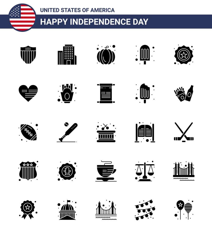 feliz día de la independencia 4 de julio conjunto de 25 pictogramas americanos de glifo sólido de insignia de corazón helado de seguridad de calabaza elementos de diseño de vector de día de estados unidos editables