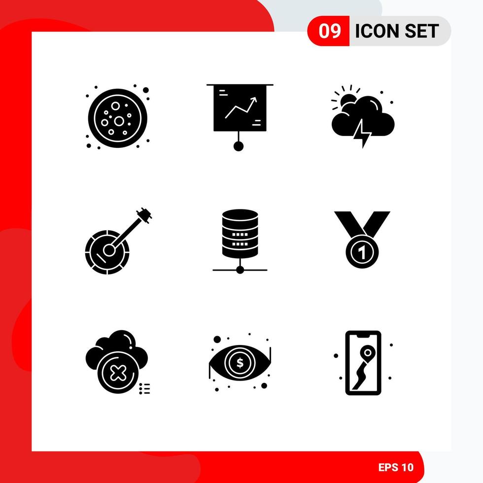 Pack of 9 Modern Solid Glyphs Signs and Symbols for Web Print Media such as server sound storm music banjo Editable Vector Design Elements