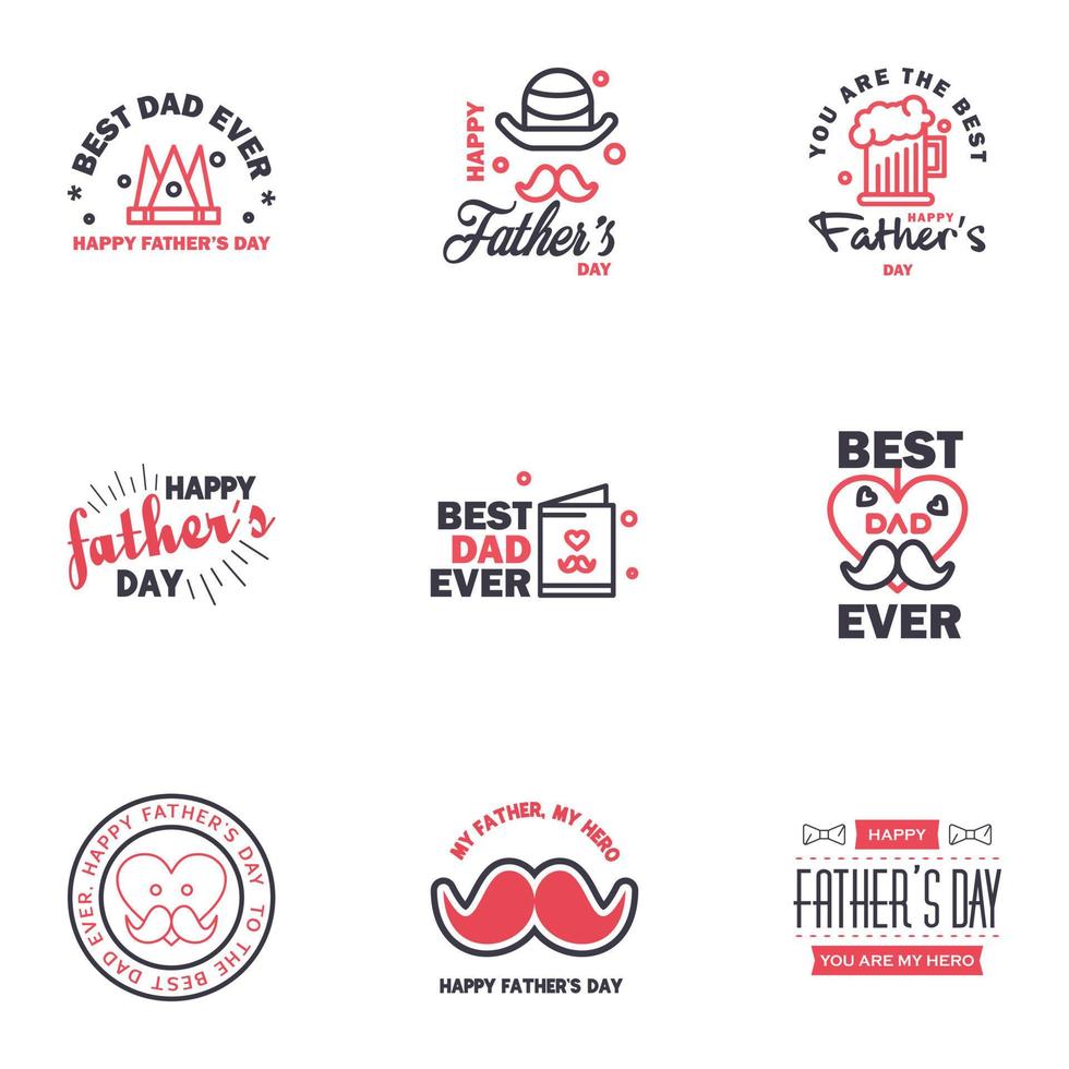 Happy fathers day greeting cards set 9 Black and Pink Vector typography lettering Usable for banners print You are the best dad text design Editable Vector Design Elements